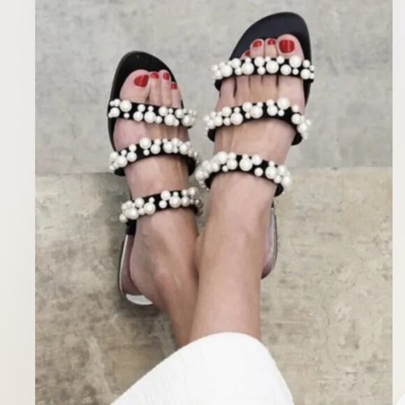 Zara Pearly Pearl Strapy Black Velvet Flat Sandals Size 5 - Picture 1 of 16
